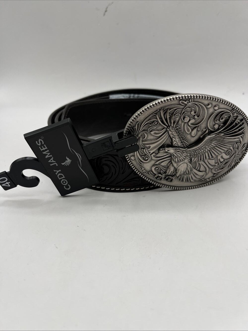 Cody James Men’s Tooled Leather Belt Dark Brown Sz 40 Silver Tone Buckle Eagle
